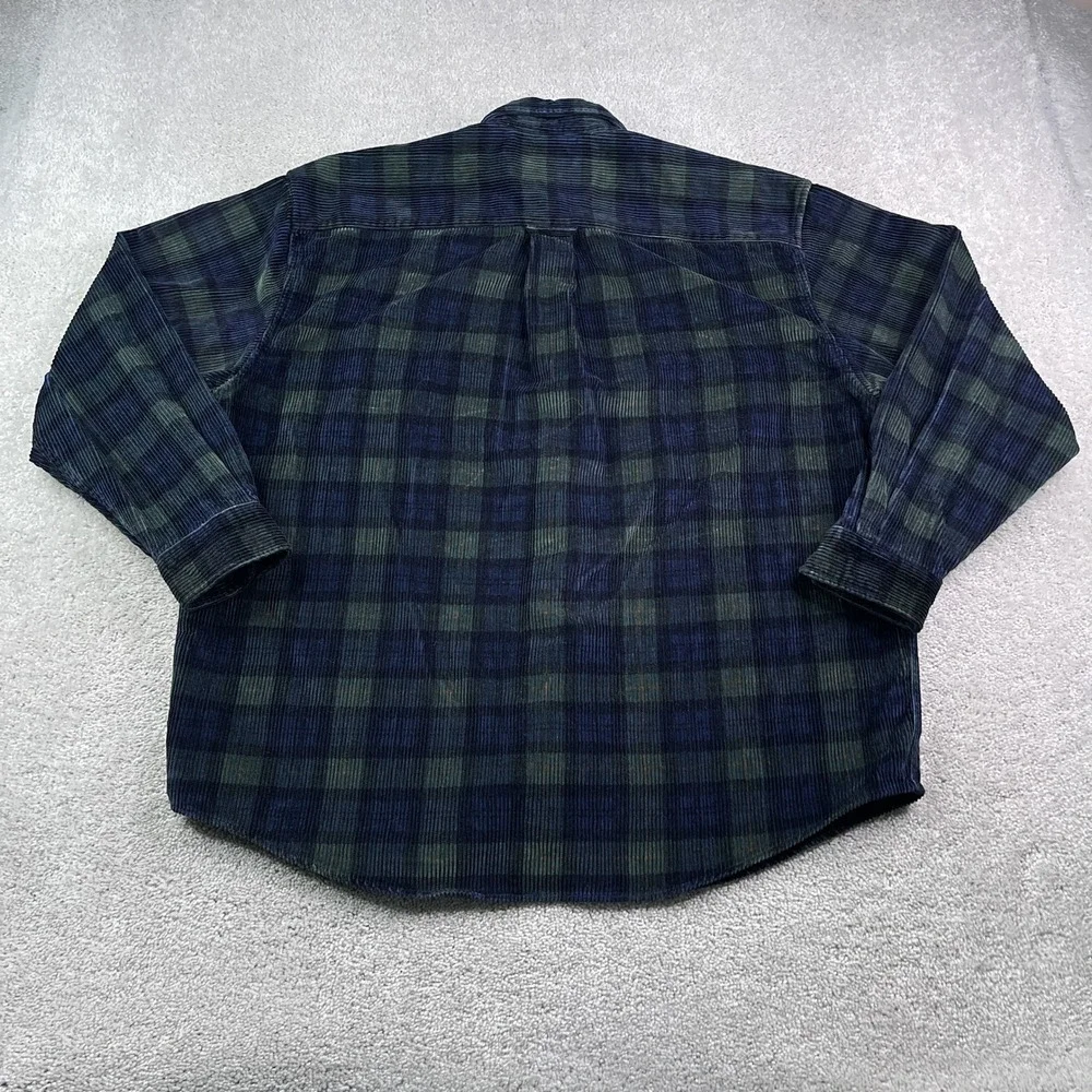 Vintage Eddie Bauer Shirt Mens XL Blue Green Plaid Wide Wale Corduroy Button Up